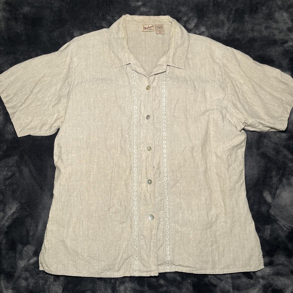 Vintage Woolrich 100% Linen Shirt Womens Size L Beige Button Up Embroidered